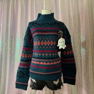 Sundance Teal & Pink Aztec Pattern Knit Wool Turtleneck Sweater (M) ★